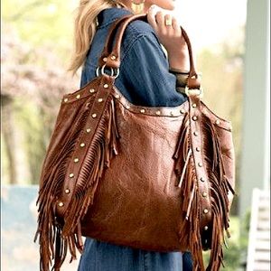 RAJ Genuine Leather Fringe Handbag Purse w/ Studs